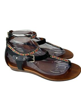 PIKOLINOS Women 38 Black Beaded Maasai Toe Post Buckle Back Zip Leather Sandals.